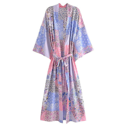 Boho Beach Print Belt Robe Long Cardigan Outerwear - Color