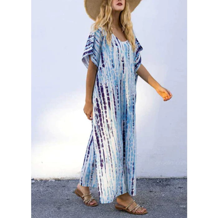 Boho Black O-Neck Striped Side Open Maxi Dresses Short