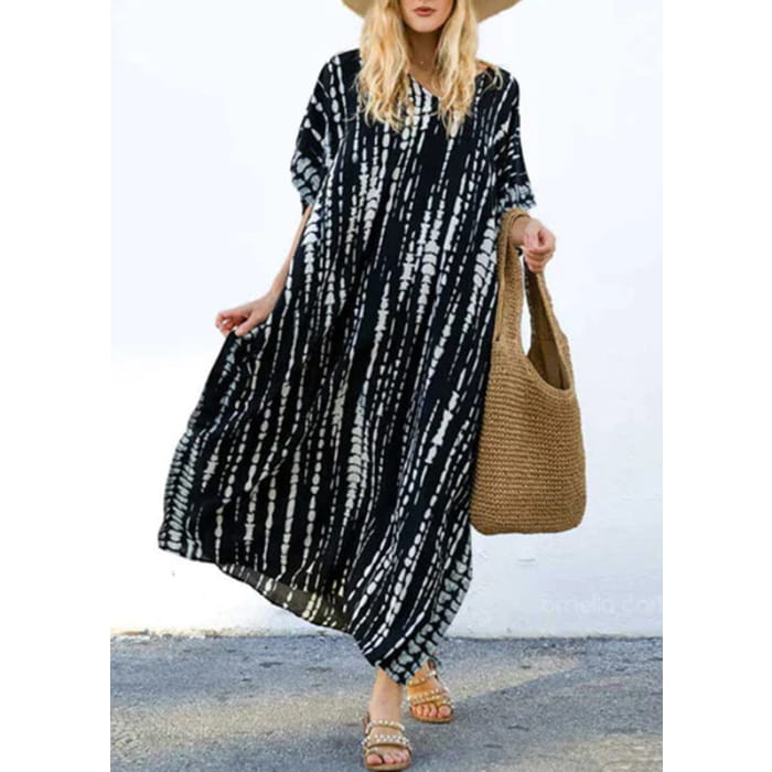 Boho Black O-Neck Striped Side Open Maxi Dresses Short