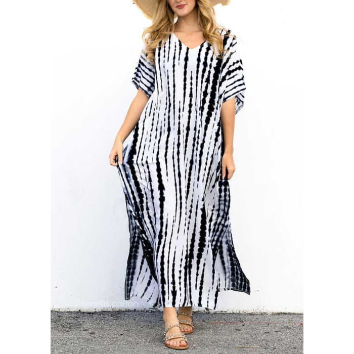 Boho Black O-Neck Striped Side Open Maxi Dresses Short