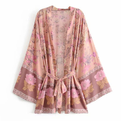 Boho Blossom Print Belt Cardigan Outerwear - Pink / S