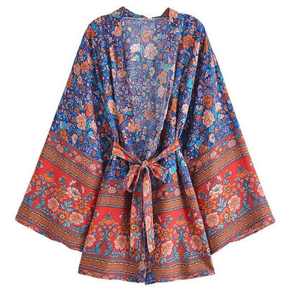 Boho Flower Print Belt Cardigan Outerwear - A-Blue / S