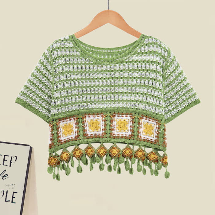 Boho Green Fringed T-Shirt Drawstring Split Slip Dress - M