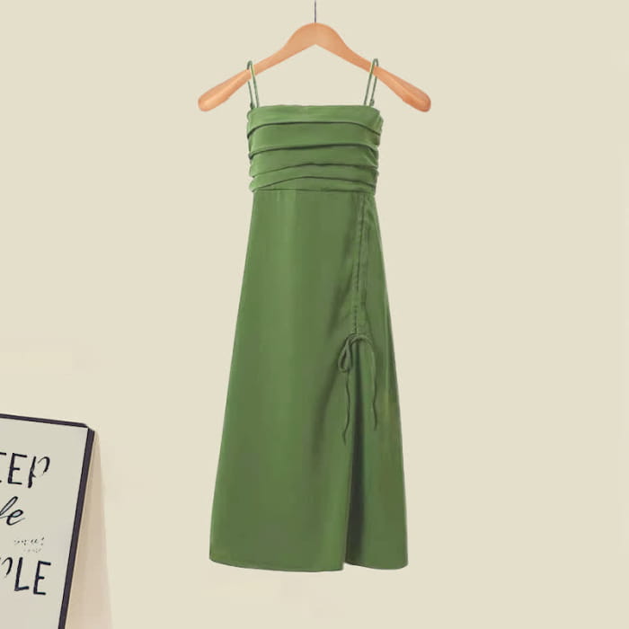 Boho Green Fringed T-Shirt Drawstring Split Slip Dress - M