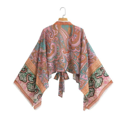 Boho Print Lace Up Cardigan Kimono Outerwear