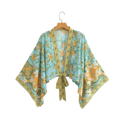 Boho Print Lace Up Cardigan Kimono Outerwear - Green