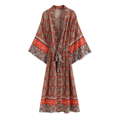 Boho Vintage Red Print Belt Robe Cardigan Outerwear - Brown