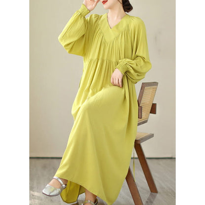 Boutique Yellow V Neck Green Long Dress Puff Sleeve VB1009