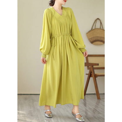 Boutique Yellow V Neck Green Long Dress Puff Sleeve VB1009