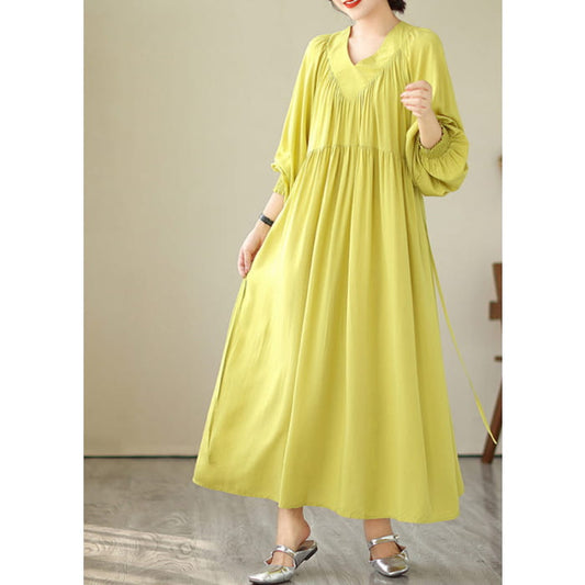 Boutique Yellow V Neck Green Long Dress Puff Sleeve VB1009