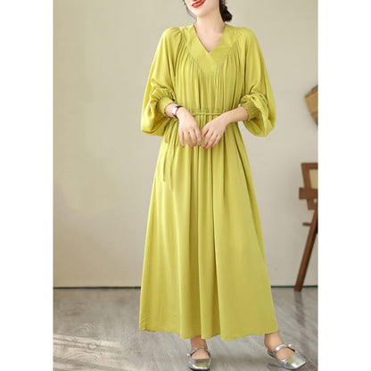 Boutique Yellow V Neck Green Long Dress Puff Sleeve VB1009