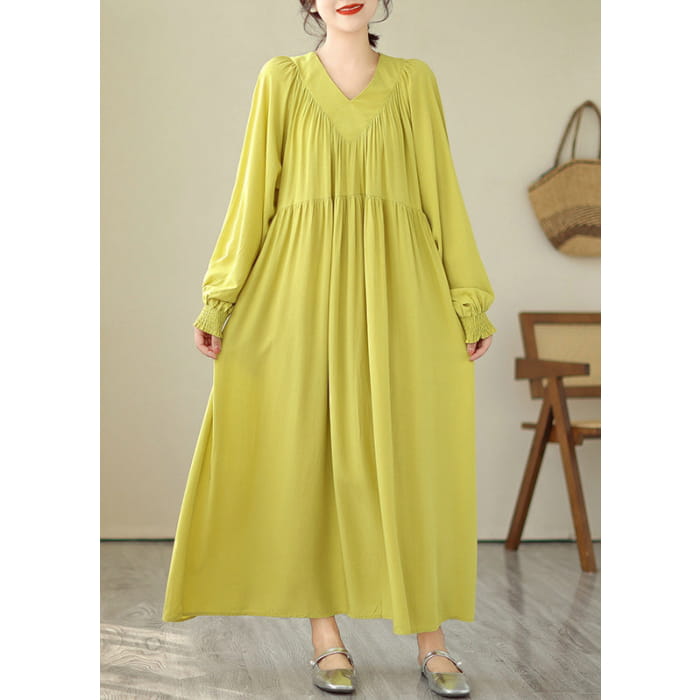 Boutique Yellow V Neck Green Long Dress Puff Sleeve VB1009