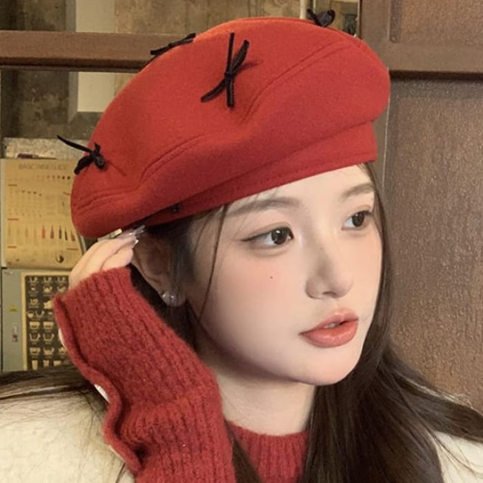 Bow Accent Beret - Brown Red / M - Hats