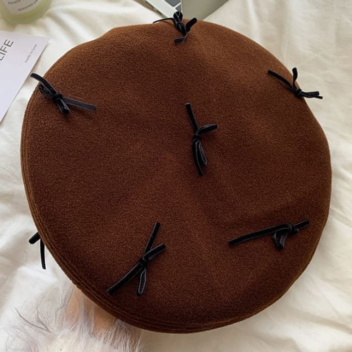 Bow Accent Beret - Coffee / M - Hats