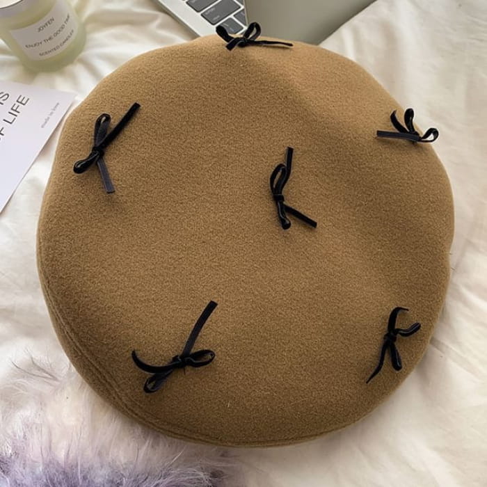 Bow Accent Beret - Khaki / M - Hats