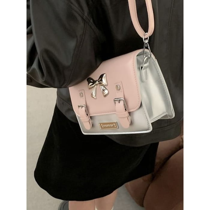 Bow Accent Buckled Satchel Bag - Silver & Pink / One Size