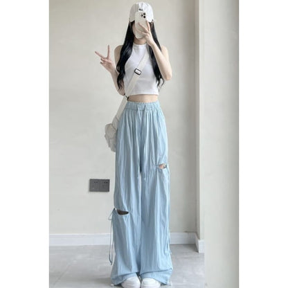 Bow Accent Cutout High Rise Drawstring Wide Leg Sweatpants