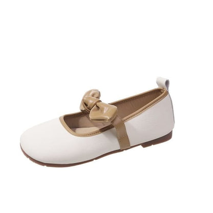 Bow Accent Faux Leather Mary Jane Flats - Beige / 35