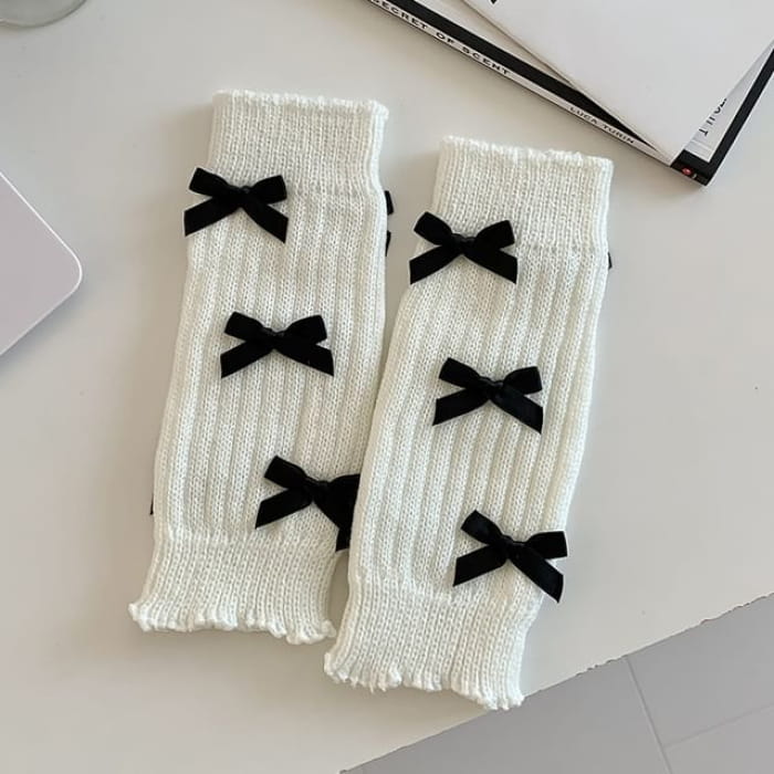 Bow Accent Leg Warmers - Black - White / One Size - Socks