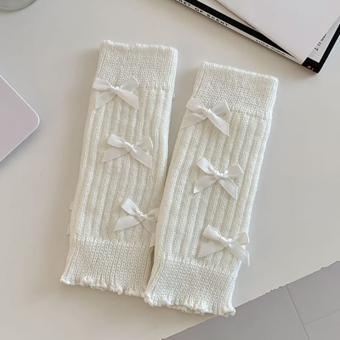 Bow Accent Leg Warmers - White - One Size - Socks