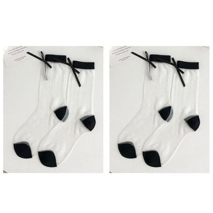 Bow Accent Mesh Socks Set - Of 2 Pairs - Black / One Size