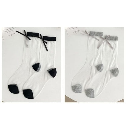 Bow Accent Mesh Socks Set - Of 2 Pairs - Gray & Black