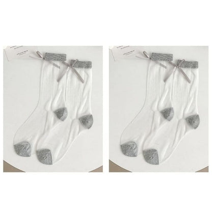 Bow Accent Mesh Socks Set - Of 2 Pairs - Gray / One Size