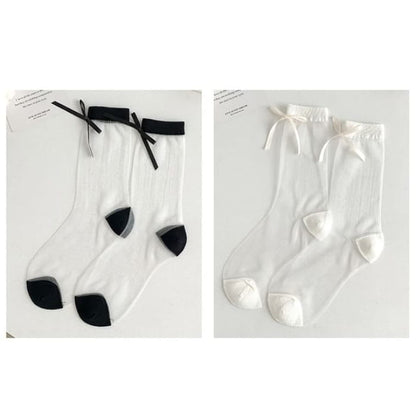 Bow Accent Mesh Socks Set - Of 2 Pairs - White & Black