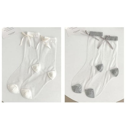 Bow Accent Mesh Socks Set - Of 2 Pairs - White & Gray