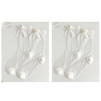 Bow Accent Mesh Socks Set - Of 2 Pairs - White / One Size