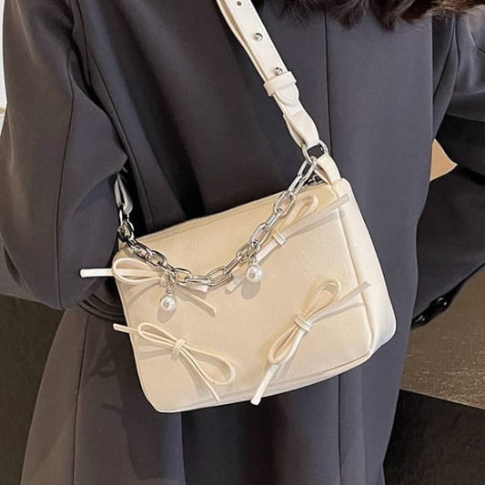 Bow Chain Detail Faux Leather Crossbody Bag