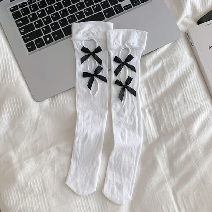 Bow Cutout Mesh Knee High Socks - Black - White / One Size