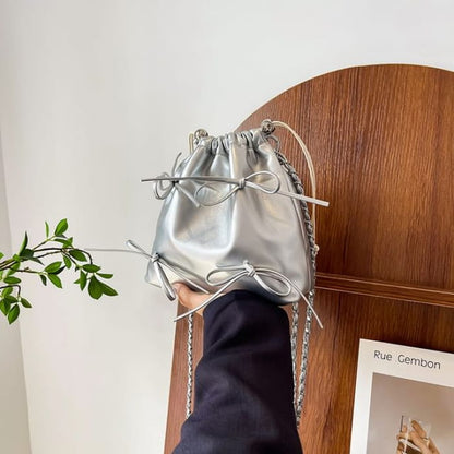 Bow Drawstring Chain Backpack - Silver / S