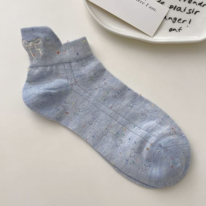 Bow Embroidered Ankle Socks - Blue / One Size