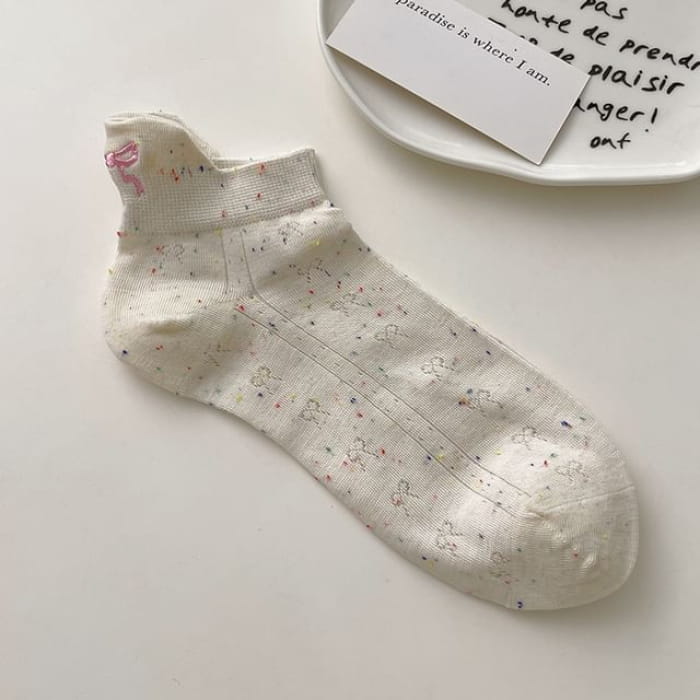 Bow Embroidered Ankle Socks - Off-White / One Size