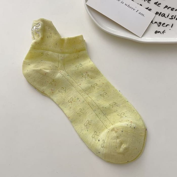 Bow Embroidered Ankle Socks - Yellow / One Size