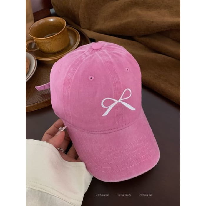 Bow Embroidered Baseball Cap - Pink / One Size