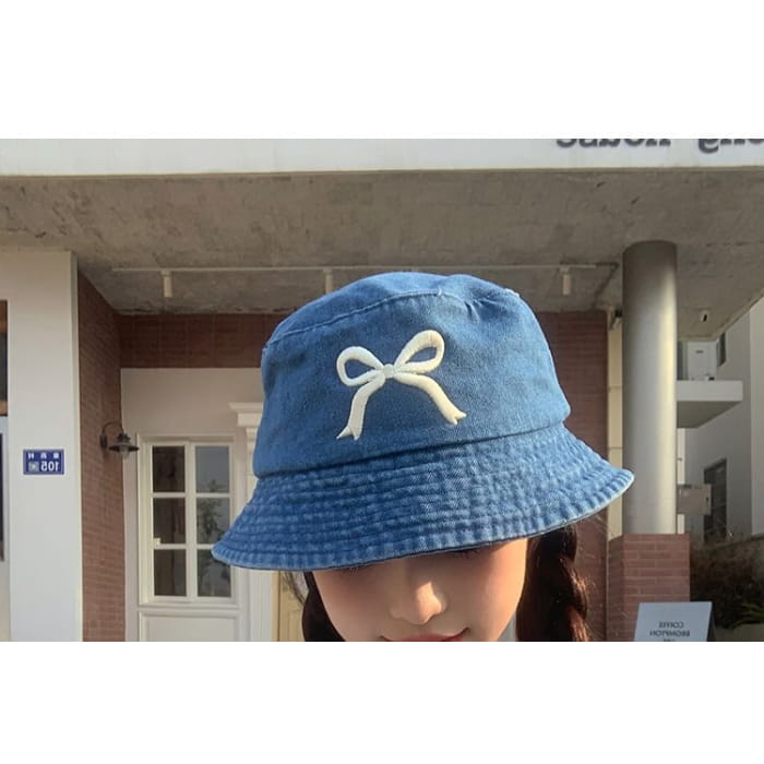 Bow Embroidered Denim Bucket Hat