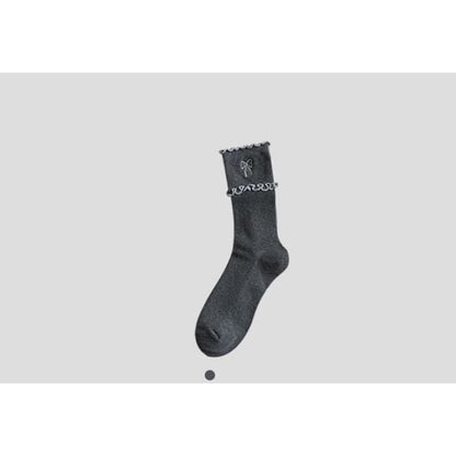 Bow Embroidered Frill Short Socks / Set - Dark Gray