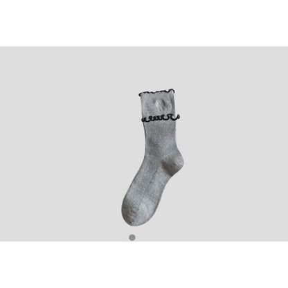 Bow Embroidered Frill Short Socks / Set - Light Gray