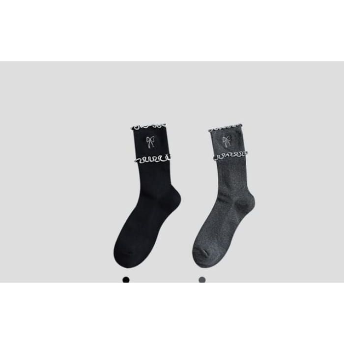 Bow Embroidered Frill Short Socks / Set - of 2 Pairs