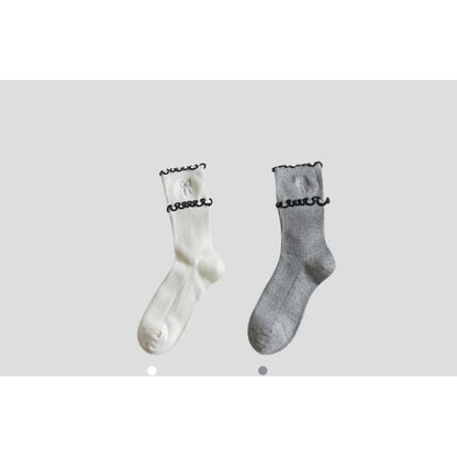 Bow Embroidered Frill Short Socks / Set - of 2 Pairs