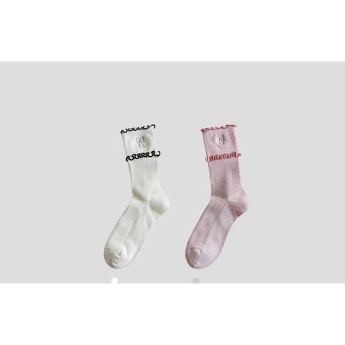 Bow Embroidered Frill Short Socks / Set - of 2 Pairs