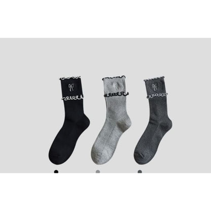 Bow Embroidered Frill Short Socks / Set - of 3 Pairs