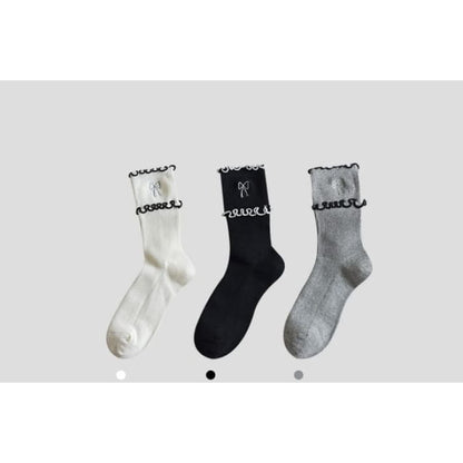 Bow Embroidered Frill Short Socks / Set - of 3 Pairs