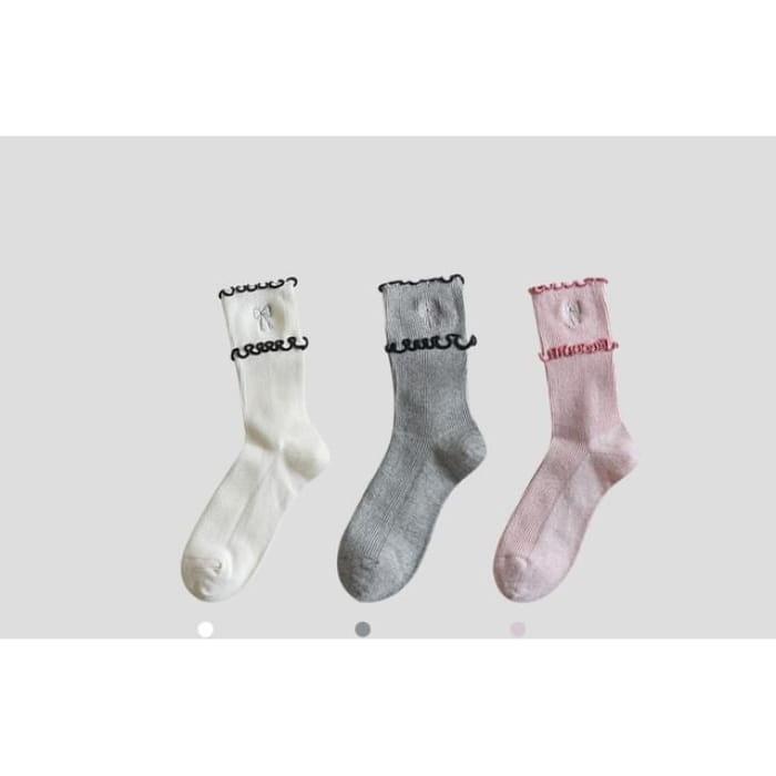 Bow Embroidered Frill Short Socks / Set - of 3 Pairs