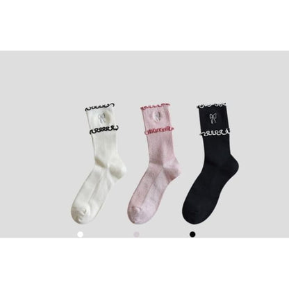 Bow Embroidered Frill Short Socks / Set - of 3 Pairs