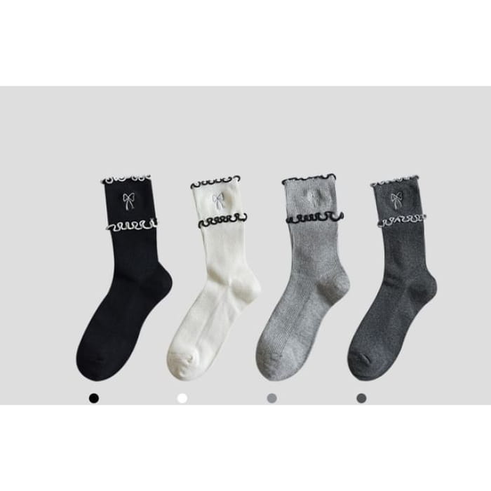 Bow Embroidered Frill Short Socks / Set - of 4 Pairs