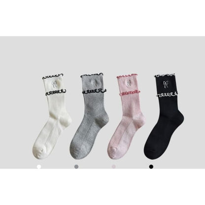 Bow Embroidered Frill Short Socks / Set - of 4 Pairs