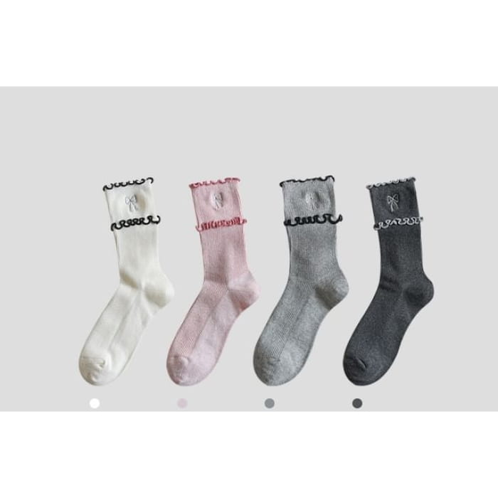 Bow Embroidered Frill Short Socks / Set - of 4 Pairs